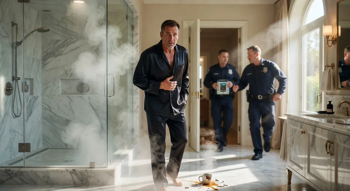 Somber realistic illustration depicting actor Patrick Muldoon's tragic heart attack death in his Beverly Hills home, suitable for news article alt-text.