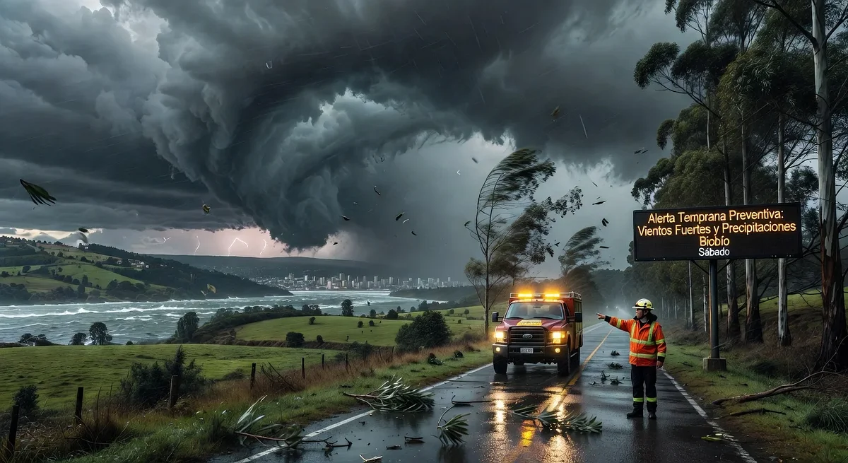 Realistic depiction of impending severe weather in Chile's Biobío Region, featuring Senapred alert amid stormy skies and windswept landscape.
