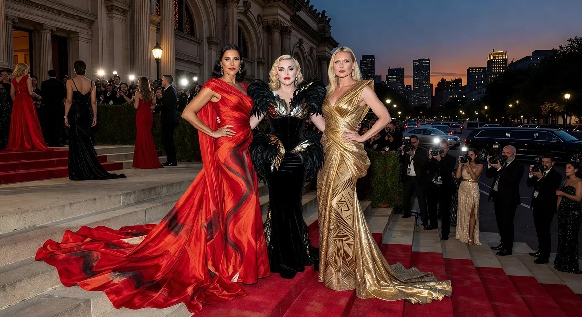 Stars Loli Bahia, Madonna, and Kate Moss in artistic Saint Laurent gowns on the 2026 Met Gala red carpet.