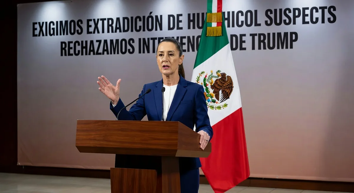 President Claudia Sheinbaum demanding the extradition of huachicol suspects at a press conference, rejecting Trump intervention.