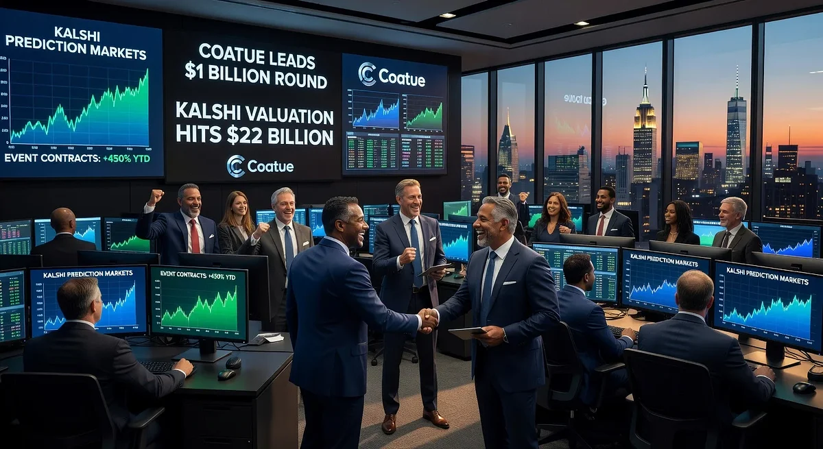 Illustration of traders on a financial floor celebrating Kalshi's billion-dollar funding and valuation surge.