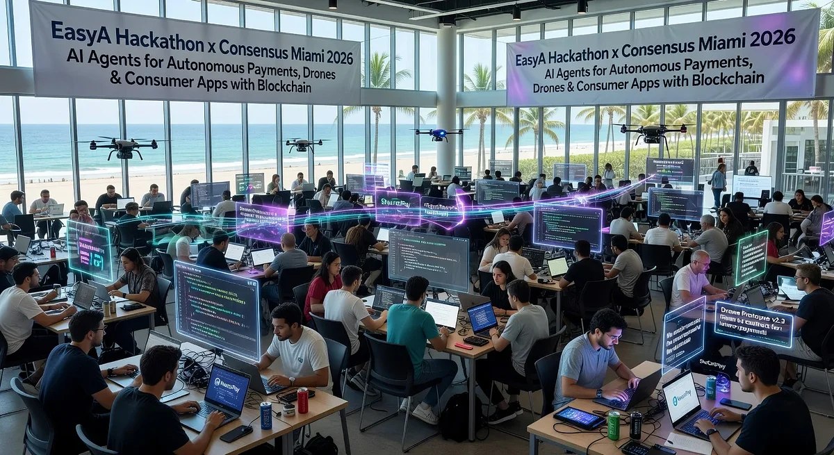 A bustling crowd of developers at an AI and blockchain hackathon in Miami Beach, building innovative projects with AI agents and drones.
