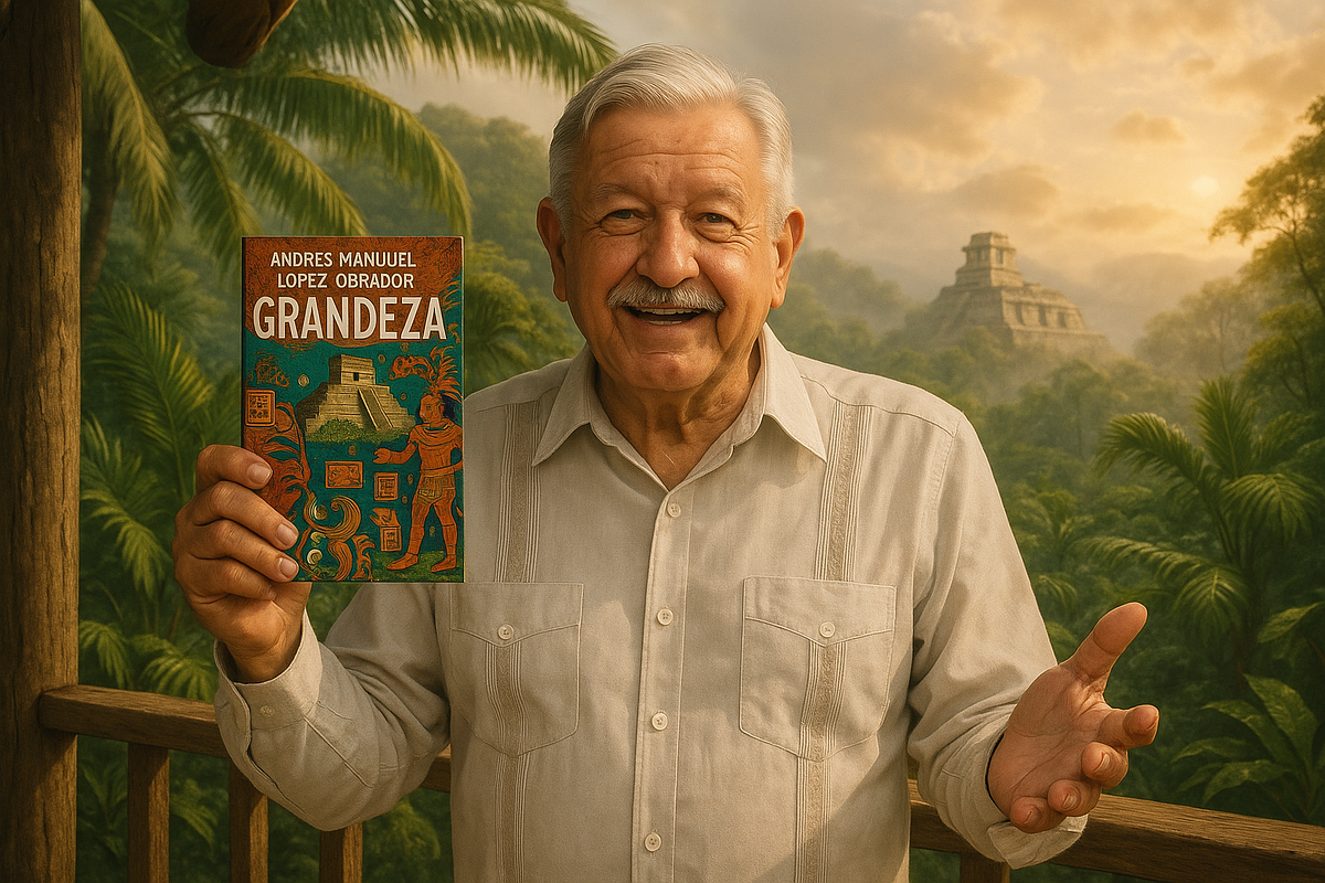Former President AMLO holds his book 'Grandeza' at his Palenque ranch, with Mayan ruins in the background.