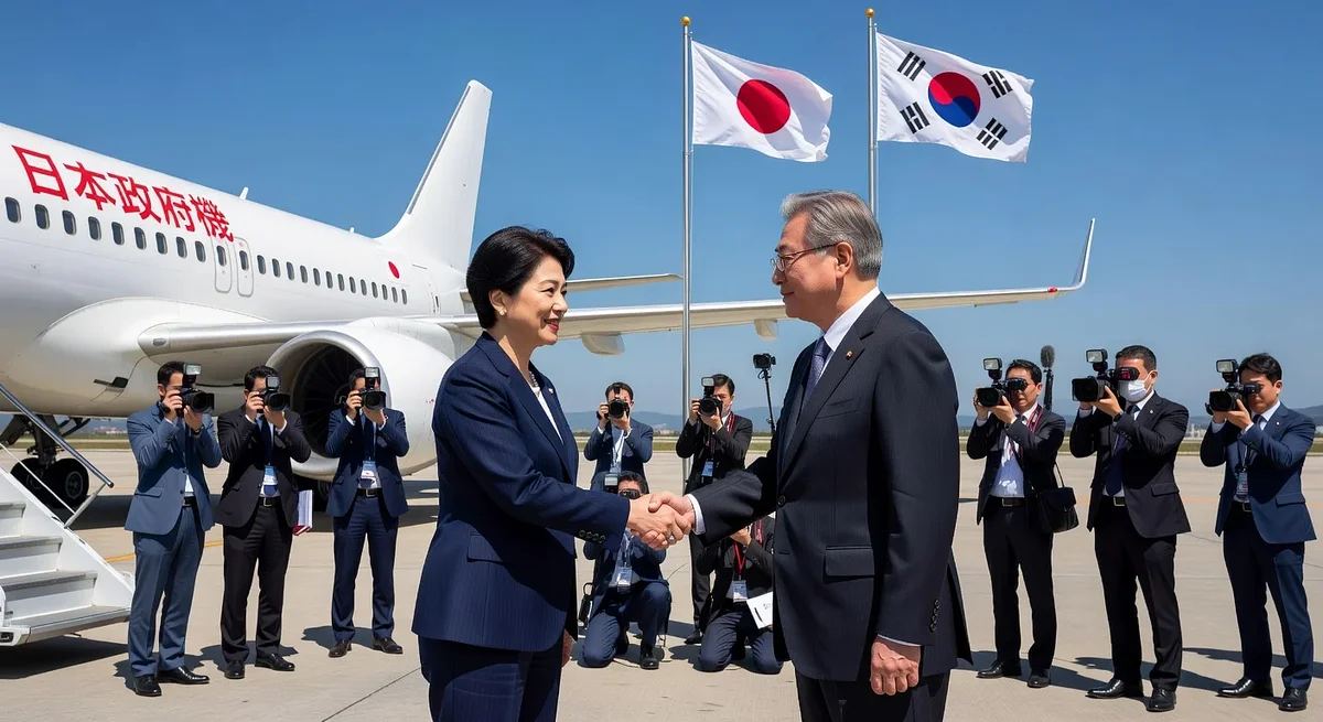 Japanese Prime Minister Sanae Takaichi and South Korean President Lee Jae Myung shaking hands at Andong airport after their summit, with flags and airplane in view.