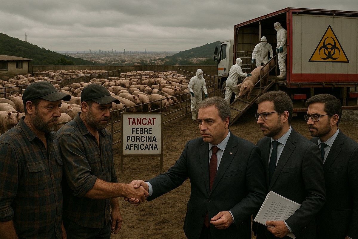 Illustration of Catalan officials and farmers agreeing to cull healthy pigs on a farm near Barcelona amid African swine fever outbreak.