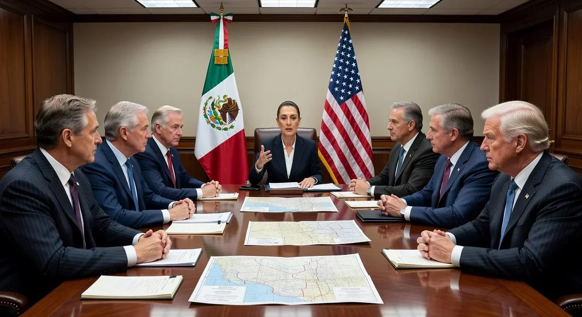 Mexican President Claudia Sheinbaum in a diplomatic meeting with US officials discussing joint security efforts against cartels.