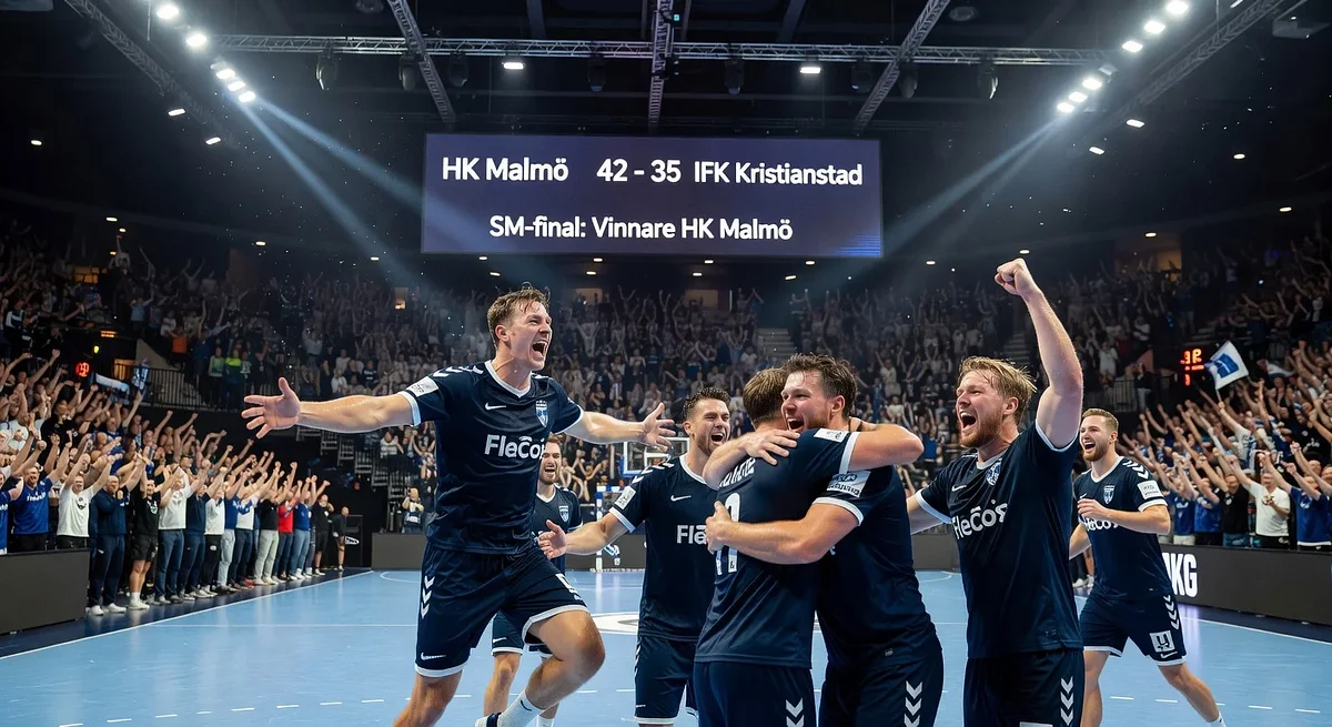 HK Malmö handball team celebrating their victory in the SM final against IFK Kristianstad with a score of 42-35 at Malmö Arena.
