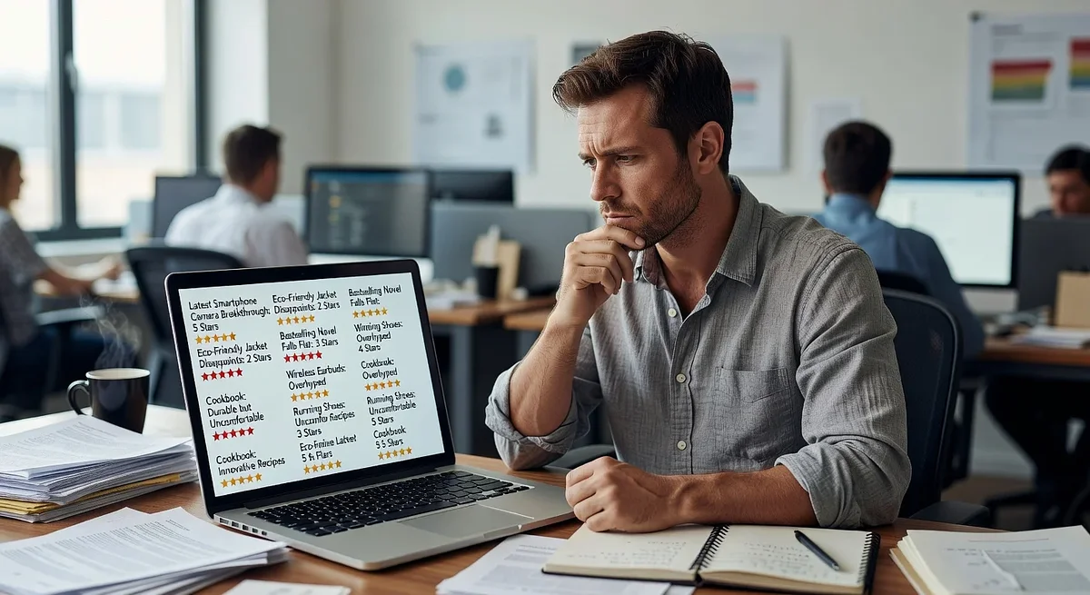 Illustration of a journalist reviewing multiple unrelated product reviews on a laptop screen in a newsroom.