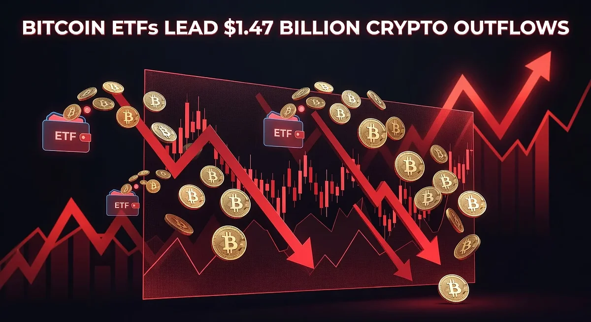 Illustration of Bitcoin ETF outflows totaling 1.47 billion dollars due to rising interest rates, showing financial charts with downward trends.