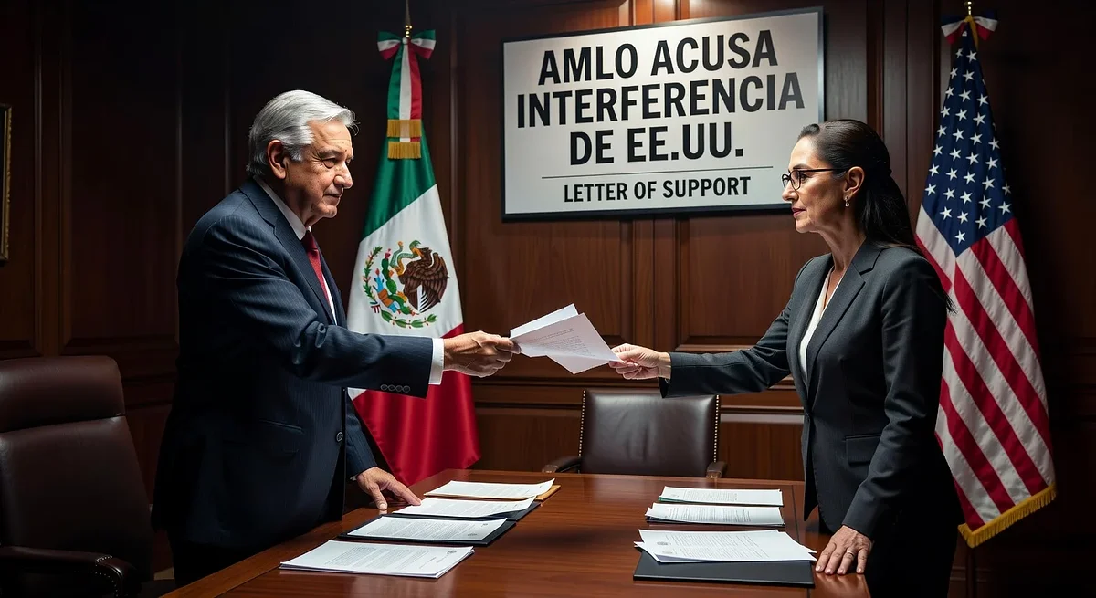 Illustration of AMLO supporting Sheinbaum and criticizing the US with a letter in an office setting.