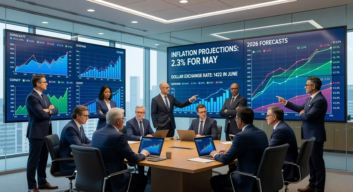 Illustration of central bank analysts reviewing inflation and exchange rate forecasts.
