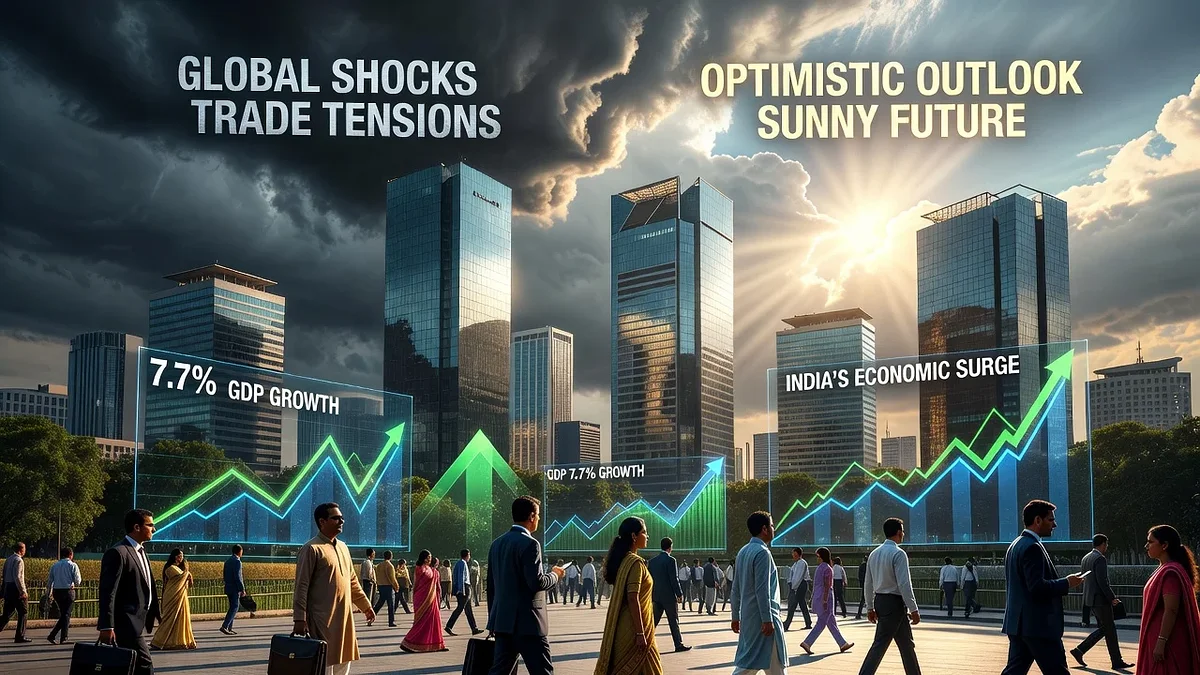 Realistic illustration showing India's economic growth with cityscape and financial symbols amid global challenges.