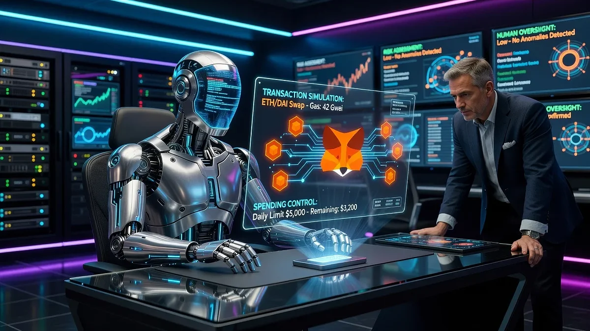 Illustration of MetaMask's new AI agent wallet with security features for DeFi trades.