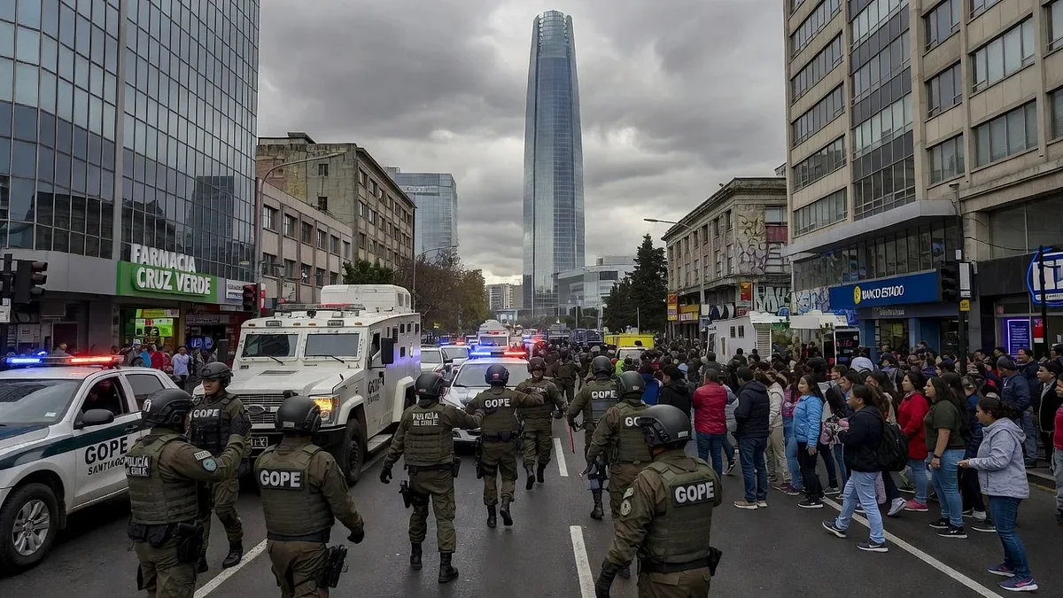Emergency services evacuating civilians in Santiago due to bomb threats, with police officers on the scene.