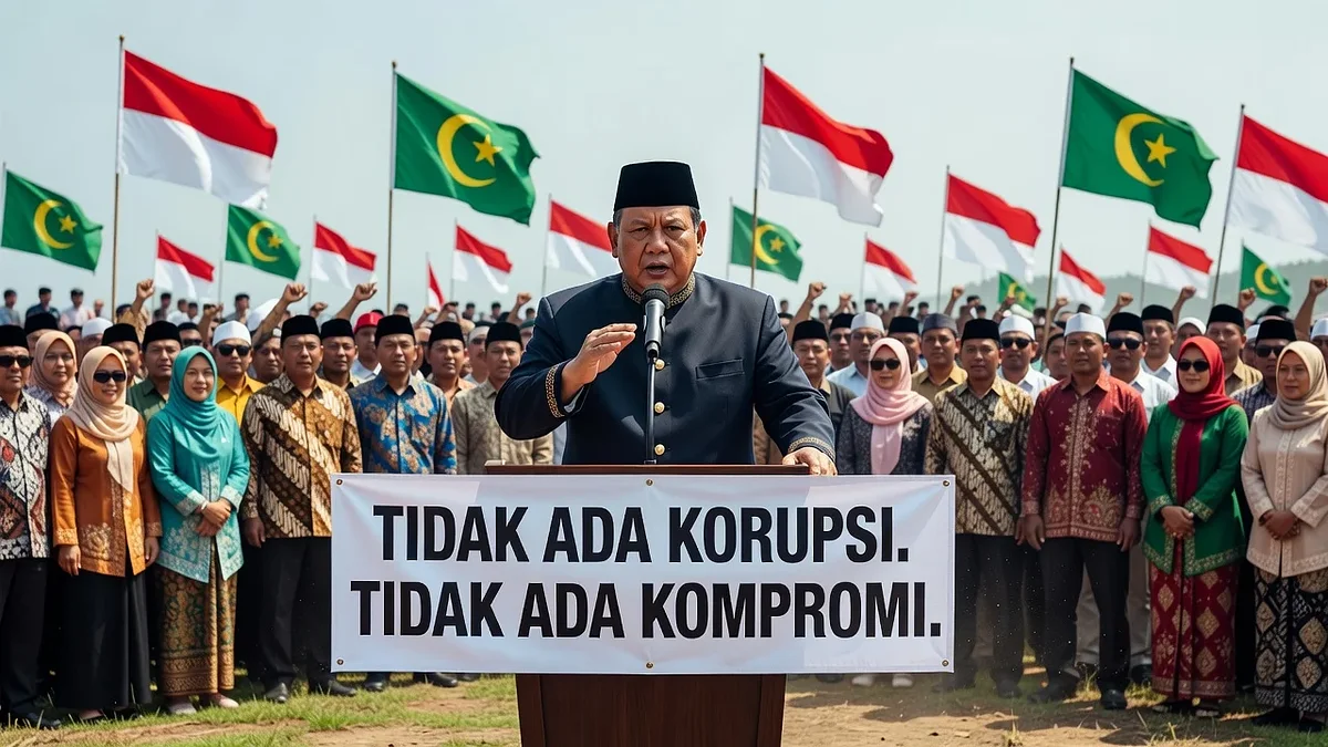 President Prabowo Subianto speaking at a Nahdlatul Ulama event, emphasizing anti-corruption efforts.
