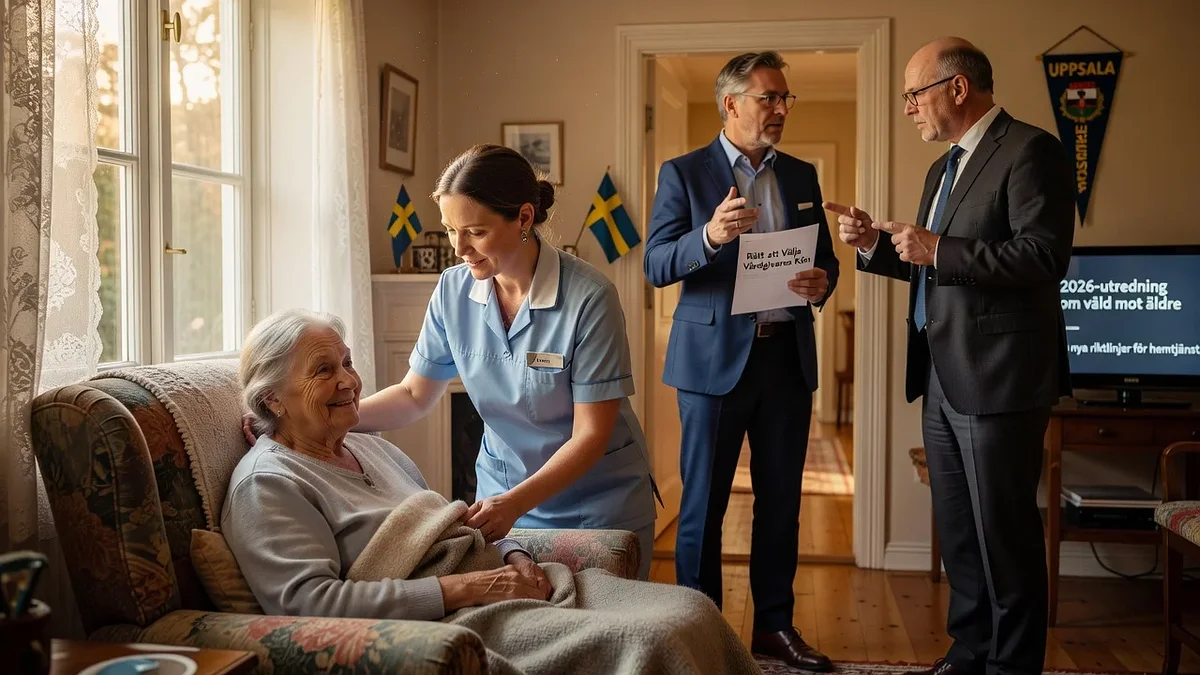 Illustration of an elderly woman receiving home care with politicians debating gender choice rights in the background.
