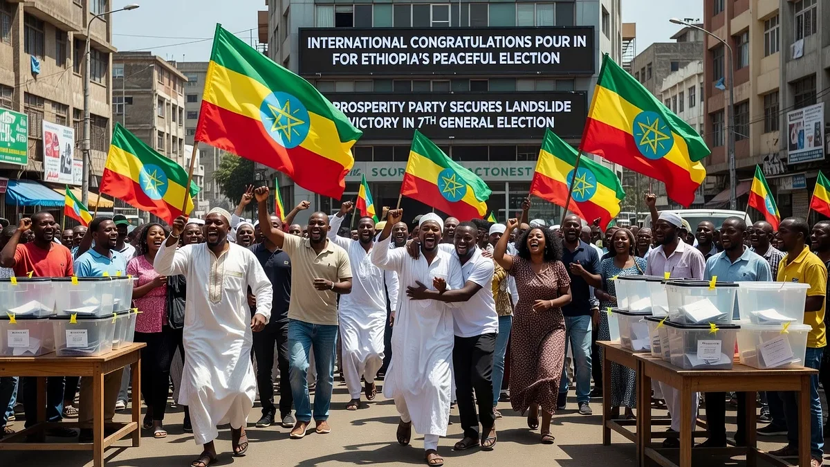Illustration of Prosperity Party winning Ethiopia's election with peaceful celebrations in Addis Ababa.