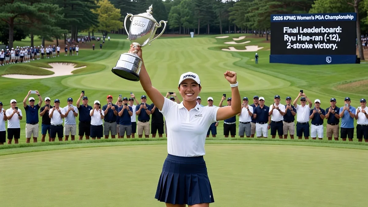 Ryu Hae-ran celebrating her first major golf title with the trophy on the green