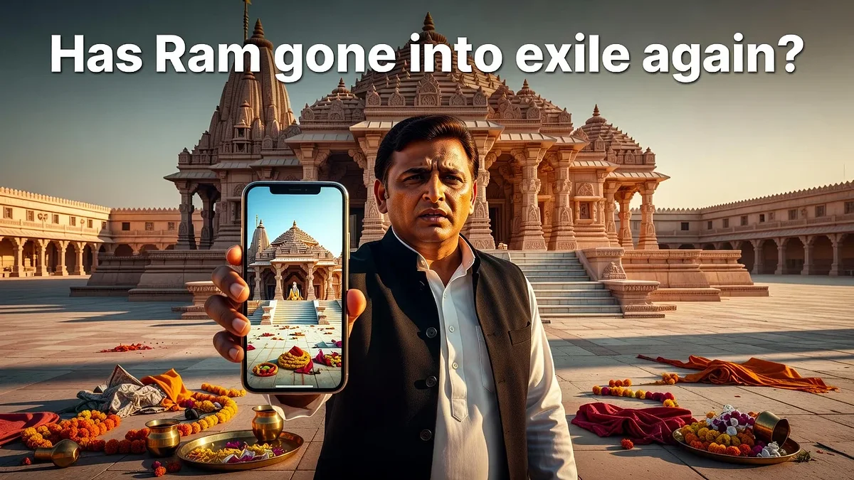 Illustration of Akhilesh Yadav sharing an AI video about theft at Ayodhya Ram Temple, depicting Lord Ram in distress.