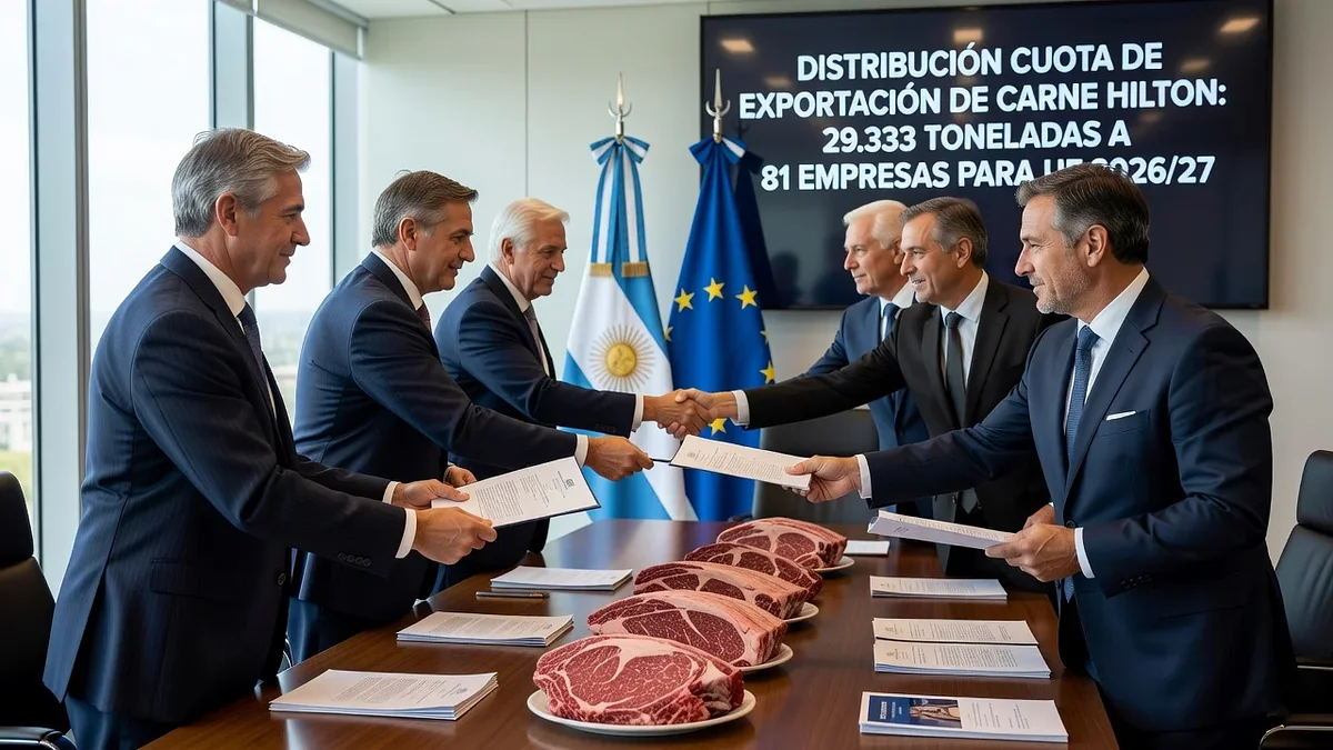 Argentine officials distributing beef export quota documents to company reps in a formal setting with beef samples and flags.