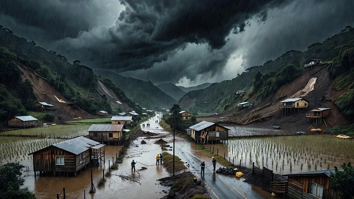 Flooded rural landscape in southern Chile with heavy rain, dark clouds, and visible landslides during a weather emergency.