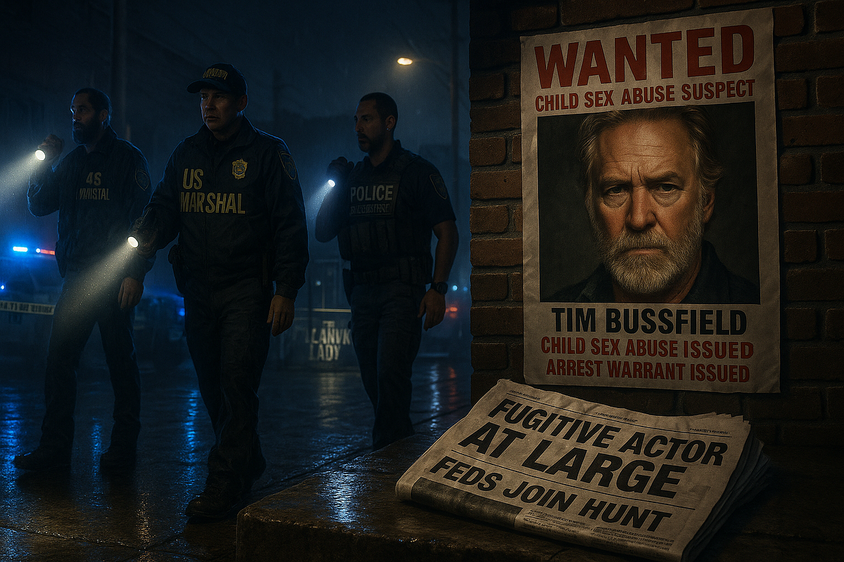 Dramatic illustration of U.S. Marshals and police hunting fugitive actor Timothy Busfield in Albuquerque over child sex abuse allegations.