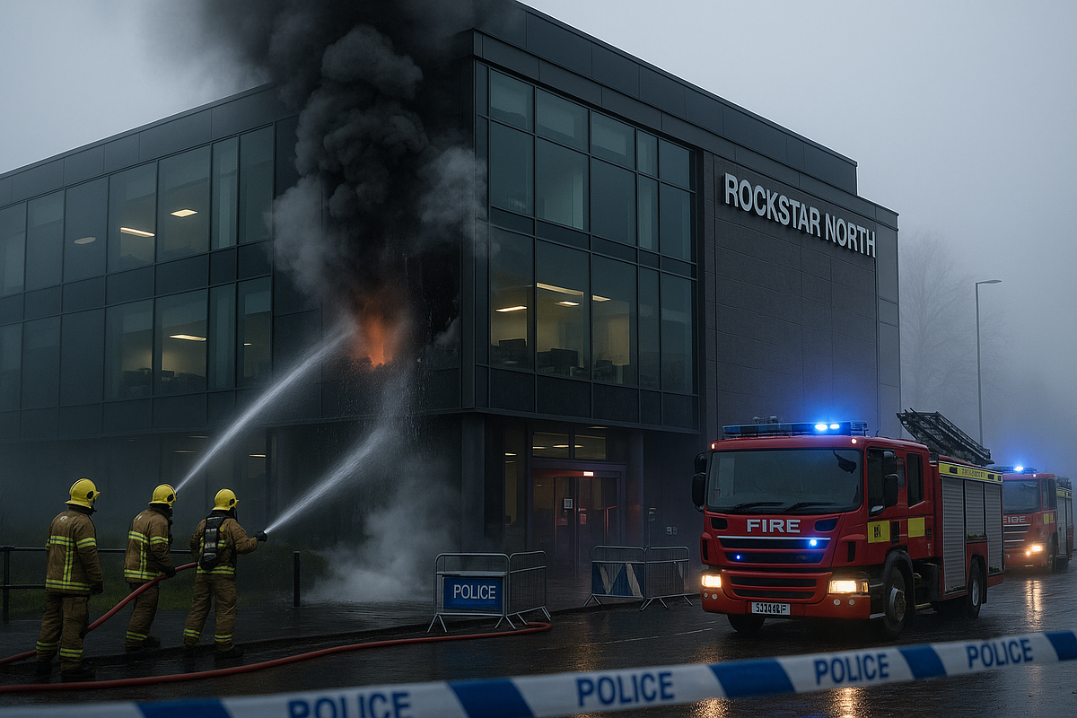 Emergency services respond to boiler explosion at Rockstar North office in Edinburgh, smoke rising from damaged building.