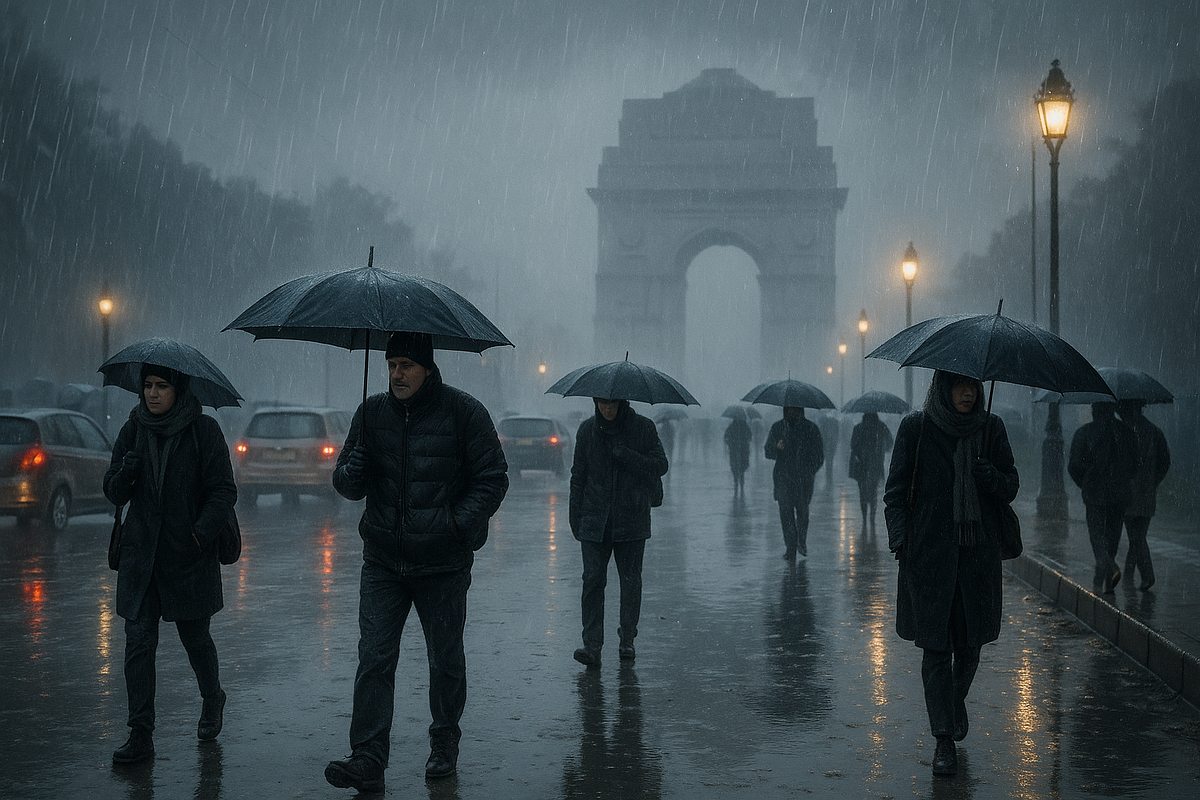 Rain-drenched Delhi street with smoggy haze and bundled pedestrians, depicting the city's wettest January amid poor air quality.