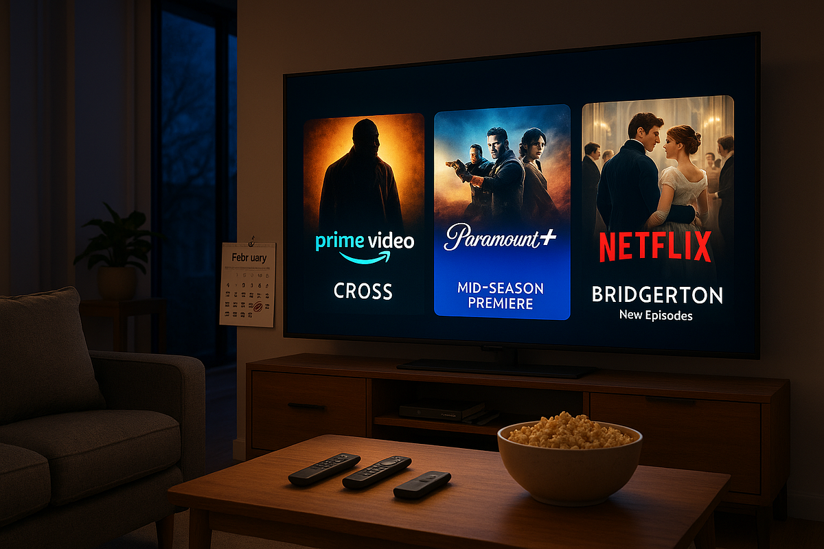 Illustration of streaming services Prime Video, Paramount+, and Netflix announcing February 2026 releases, featuring key shows like 'Cross' and 'Bridgerton' on a home TV setup.