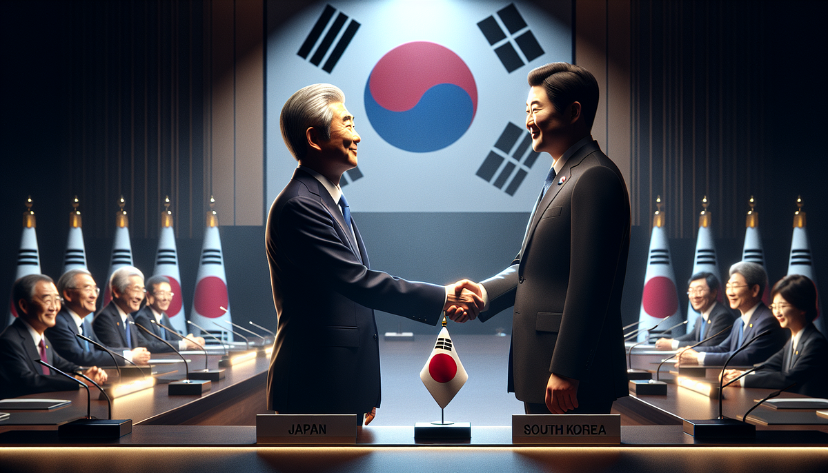 Japanese Prime Minister Sanae Takaichi and South Korean President Lee Jae Myung shaking hands at APEC summit, symbolizing strengthened bilateral ties.